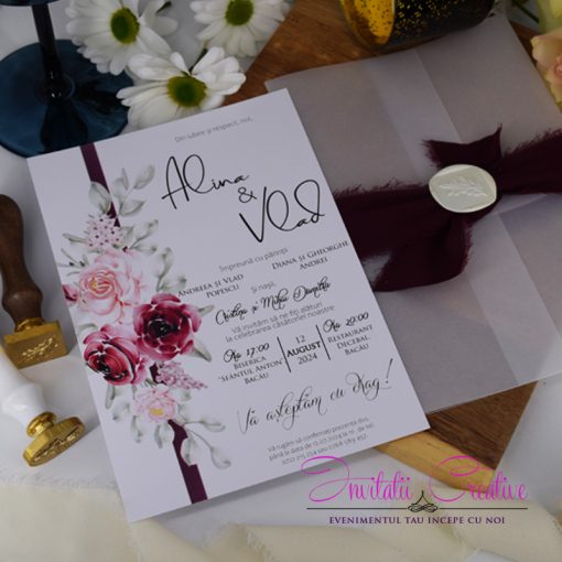 Invitatie de Nunta Sigiliu cu Panglica Matase si Motiv Floral Bordo
