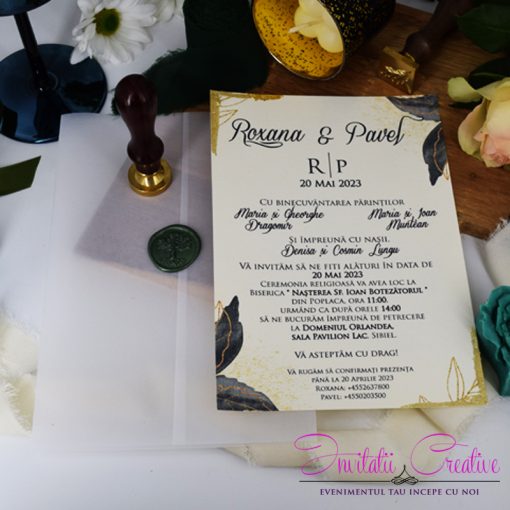 Invitatie de Nunta Eleganta cu Sigiliu Design Frunze si Foita Aurie