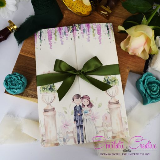 Invitatie de Nunta Eleganta cu Miri intr-un peisaj floral