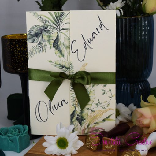 Invitatie de Nunta Eleganta cu Panglica Verde Motiv Tropical