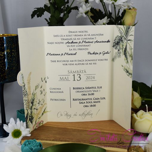 Alternative view of Invitatie de Nunta Eleganta cu Panglica Verde Motiv Tropical