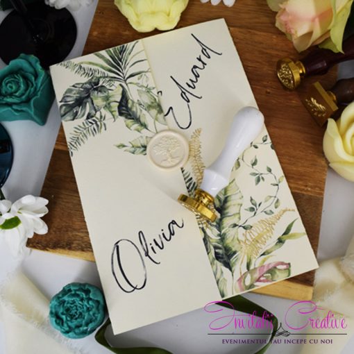 Invitatie de Nunta Eleganta Motiv Tropical cu Pecete ceara