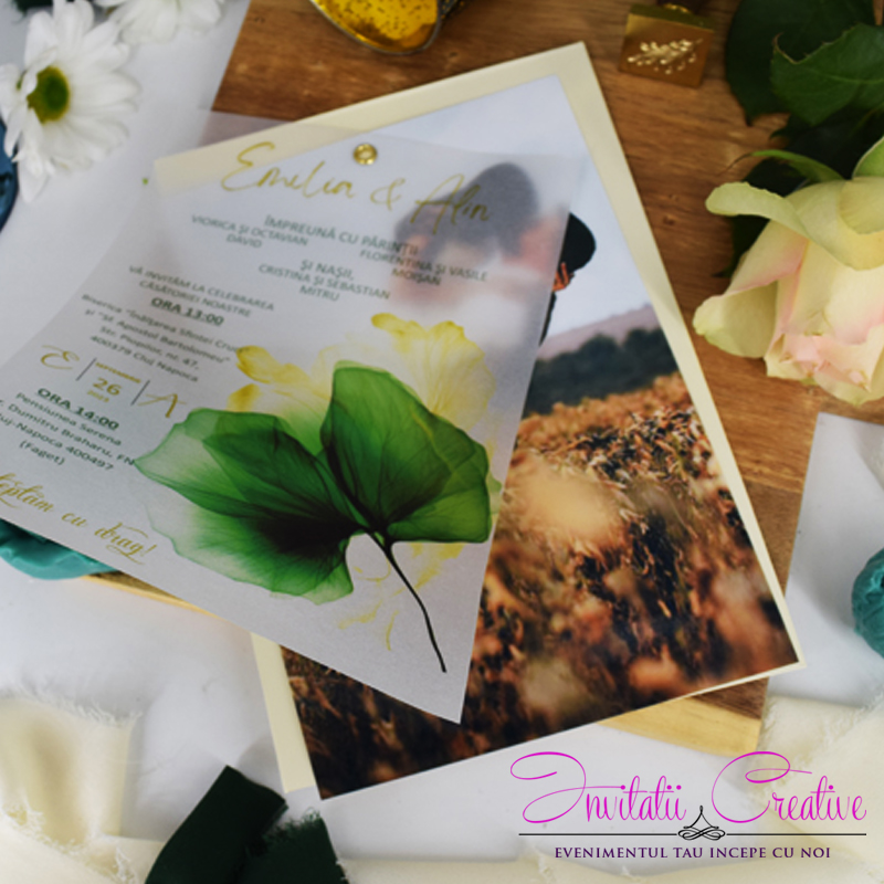 Invitatie Nunta Poza si Design Watercolor Frunza verde pe Calc - imagine 4