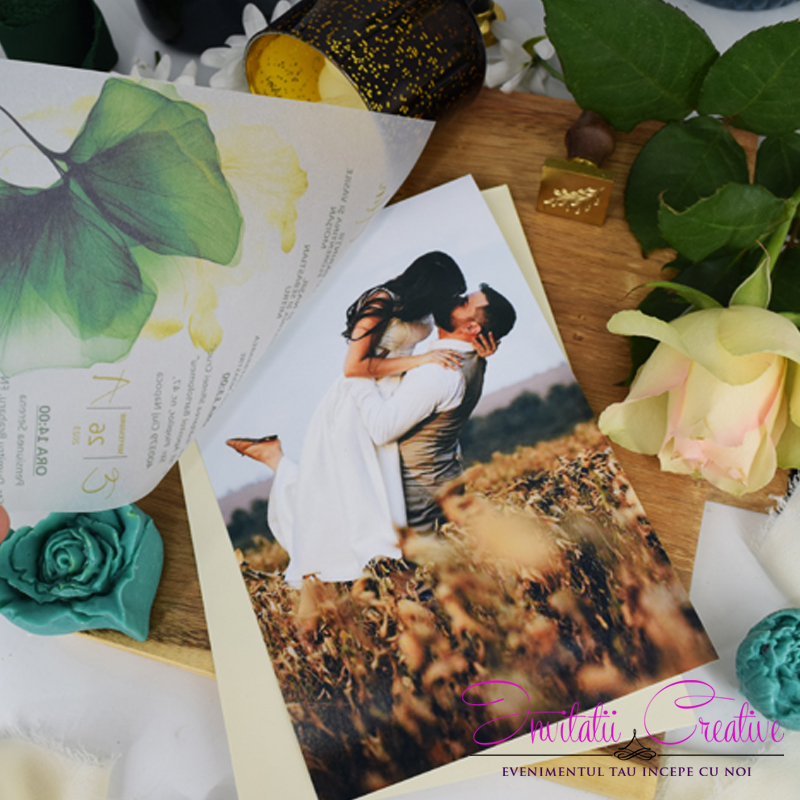 Invitatie Nunta Poza si Design Watercolor Frunza verde pe Calc - imagine 3