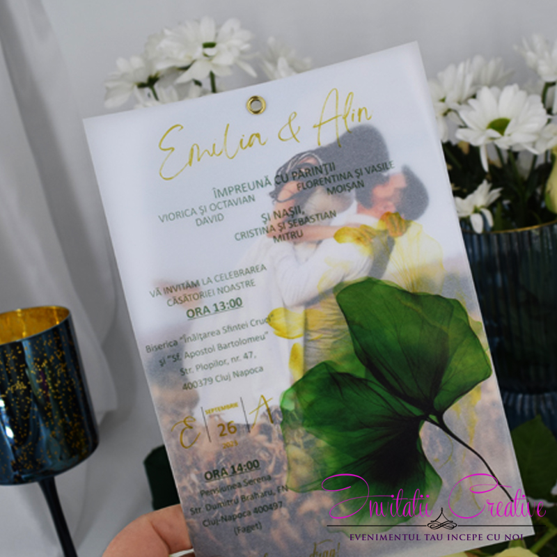 Invitatie Nunta Poza si Design Watercolor Frunza verde pe Calc