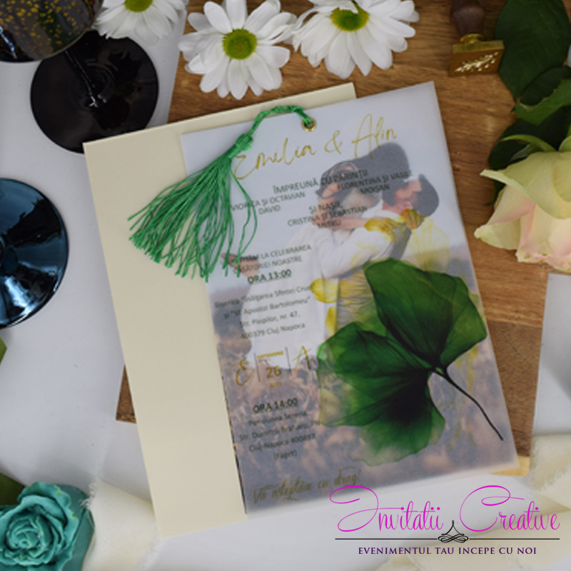 Invitatie Nunta Poza si Design Watercolor Frunza verde pe Calc - imagine 5