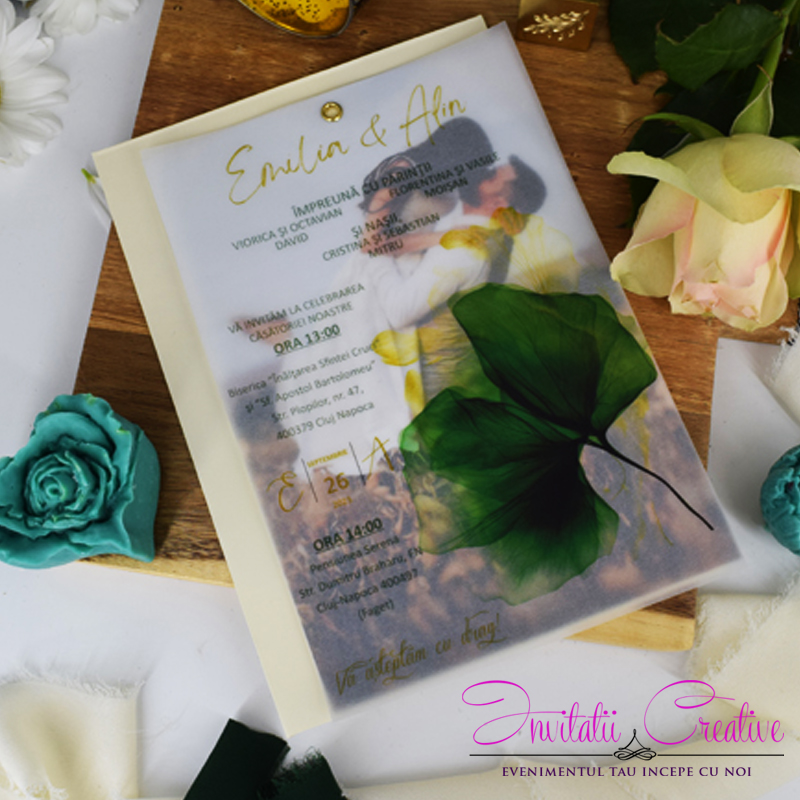 Invitatie Nunta Poza si Design Watercolor Frunza verde pe Calc - imagine 6