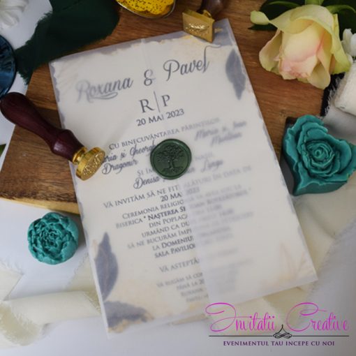 Invitatie de Nunta Vintage cu Sigiliu Design Frunze si Foita Aurie