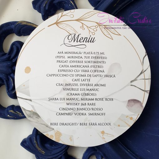Meniu Nunta Rotund Design Modern Auriu Watercolor