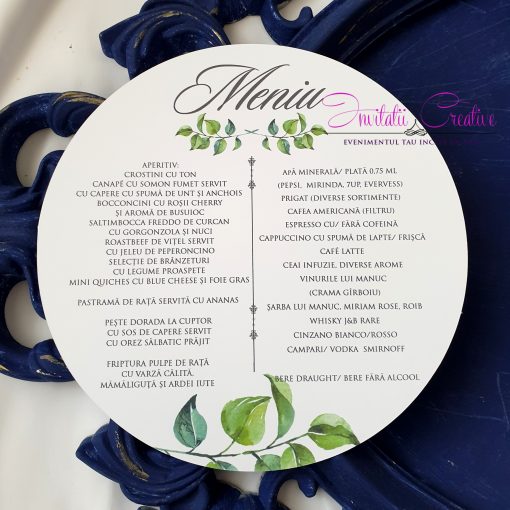 Meniu Nunta Rotund Motiv Crengute Verzi Watercolor
