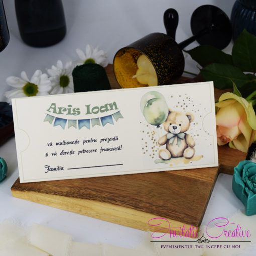 Plic de Bani Botez cu Ursulet Watercolor si Baloane Verzi