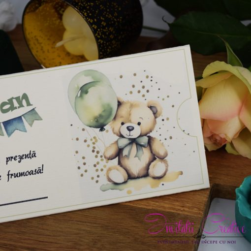 Alternative view of Plic de Bani Botez cu Ursulet Watercolor si Baloane Verzi