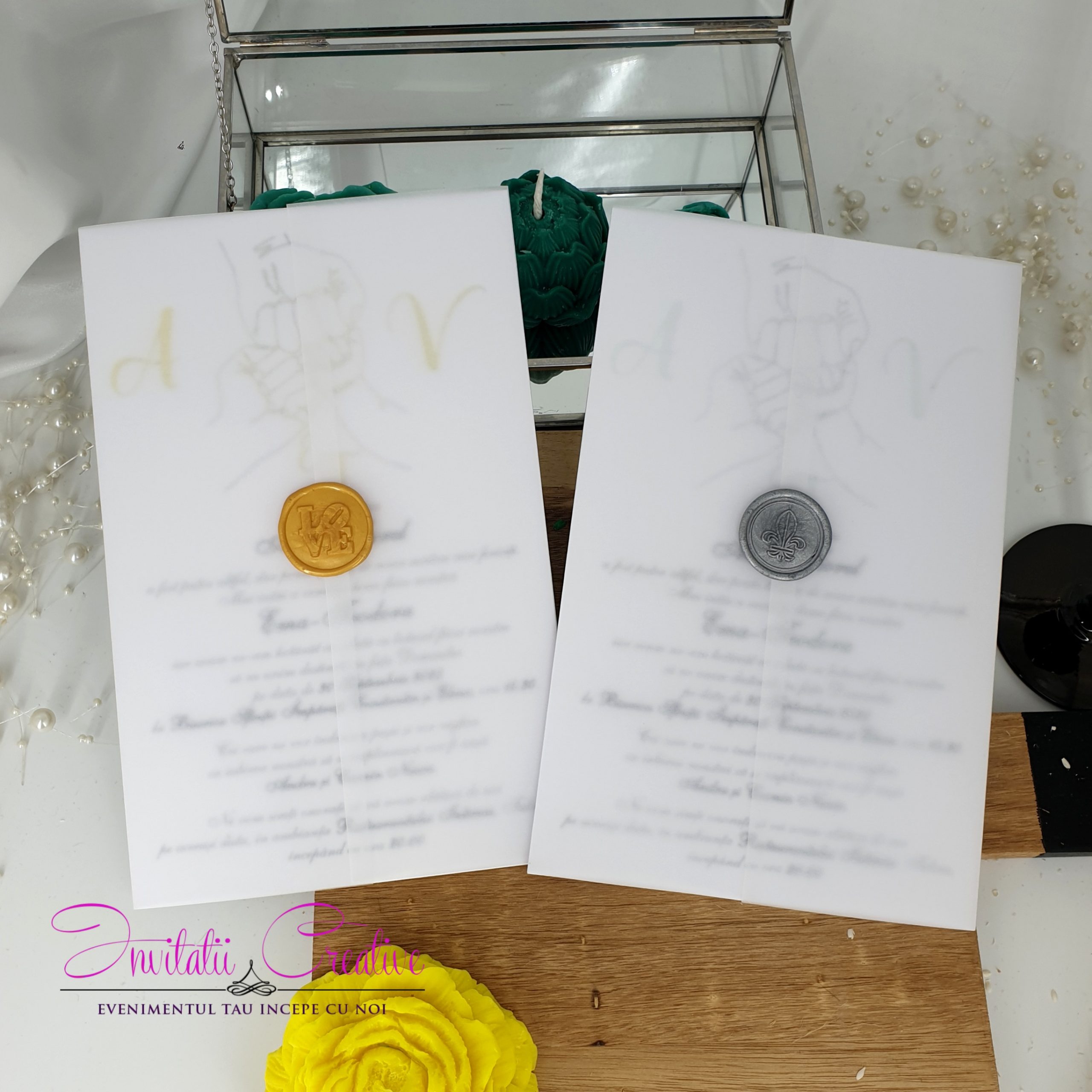 Invitatie 2 in 1 Sigiliu si Folie Metalizata Maini Parinti si Bebe