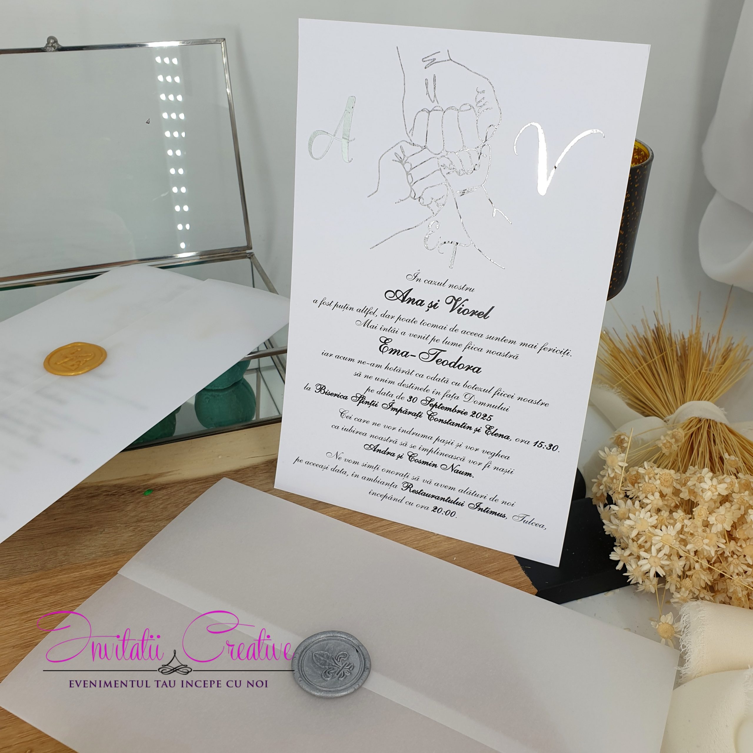 Invitatie 2 in 1 Sigiliu si Folie Metalizata Maini Parinti si Bebe - imagine 5