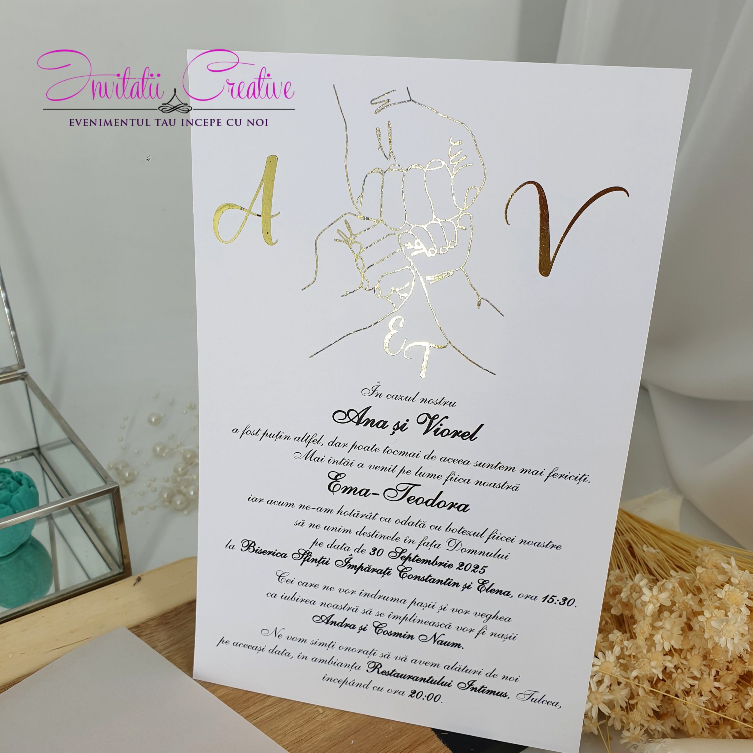 Invitatie 2 in 1 Sigiliu si Folie Metalizata Maini Parinti si Bebe - imagine 2