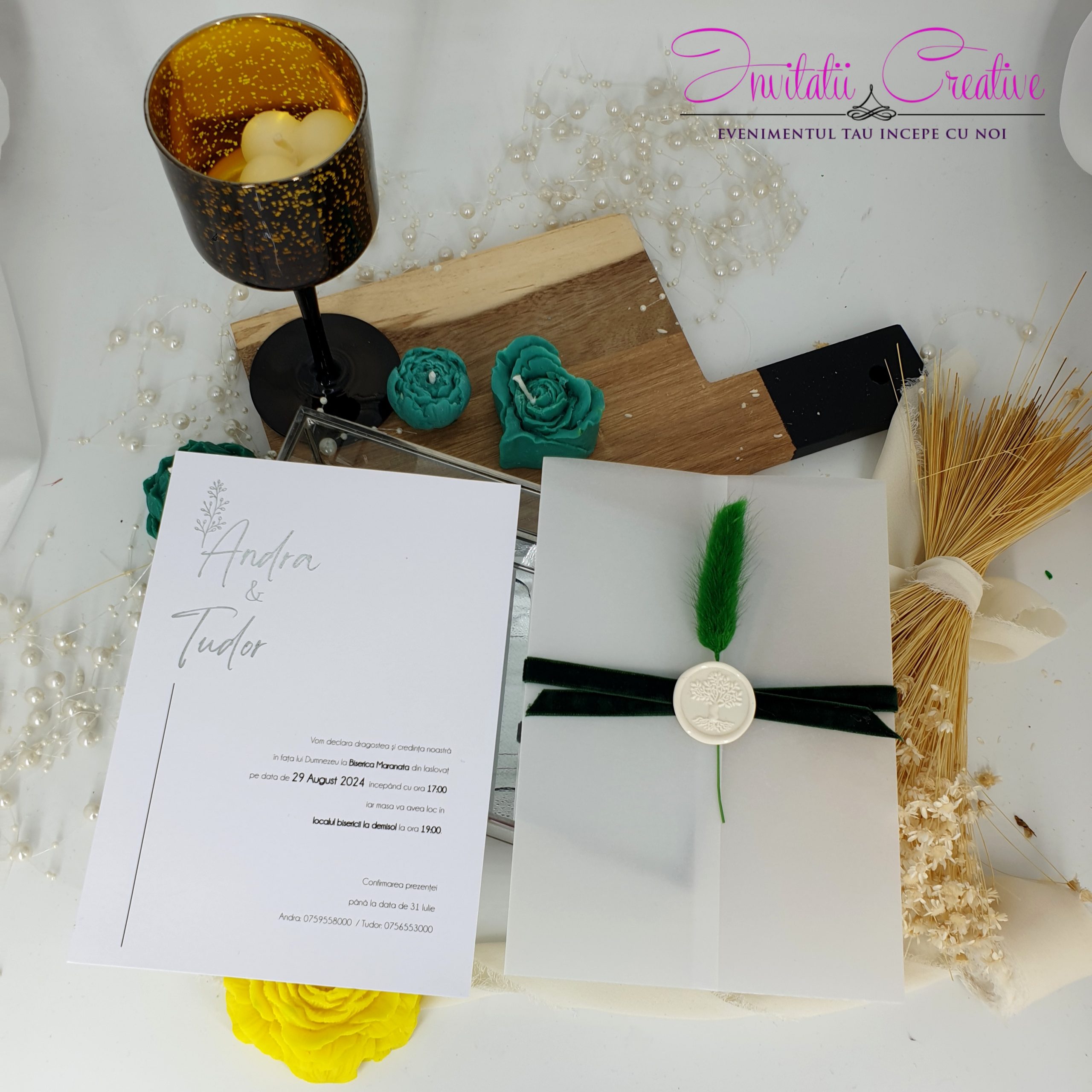 Invitatie Nunta Eleganta Sigiliu si Folie Metalizata cu Catifea si Puf Verde - imagine 6