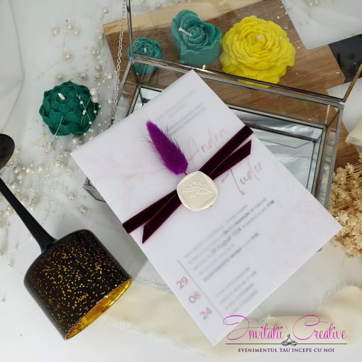 Alternative view of Invitatie Nunta Sigiliu Catifea si Puf Design Floral Grafic Nuante Bordo