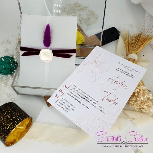 Invitatie Nunta Sigiliu Catifea si Puf Design Floral Grafic Nuante Bordo