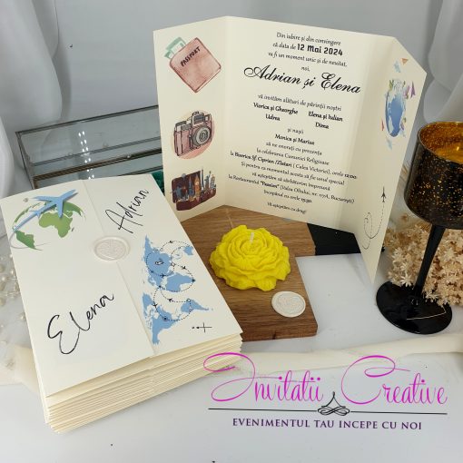 Invitatie Nunta Travel cu Sigiliu Design Avion si Bagaje