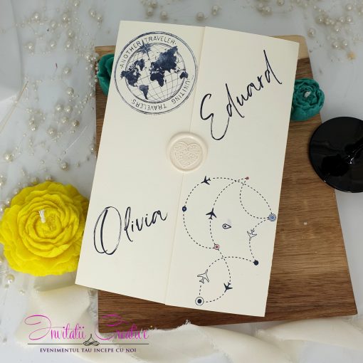 Invitatie Nunta Travel cu Sigiliu cu Design Rute Travel
