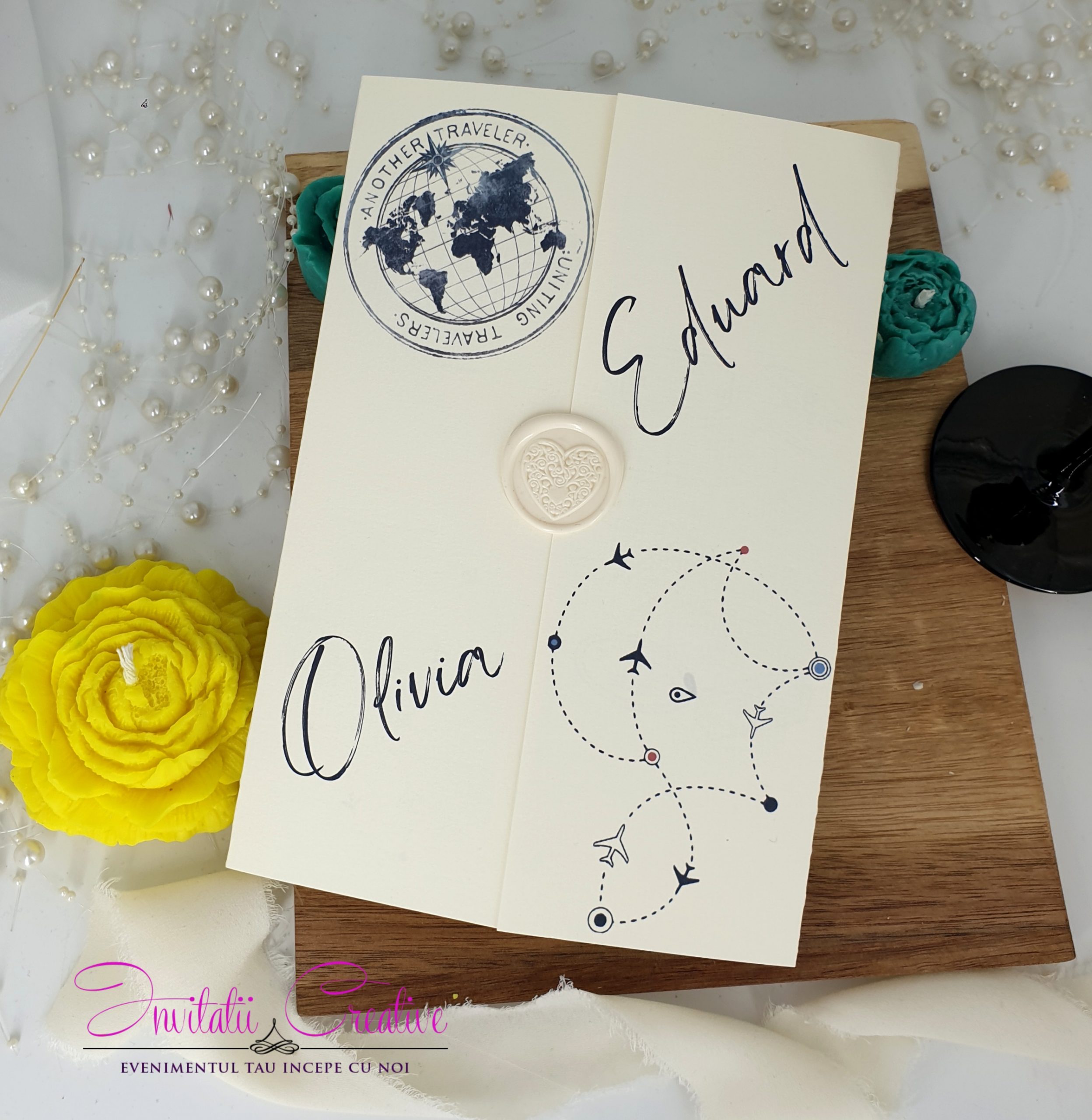 Invitatie Nunta Travel cu Sigiliu cu Design Rute Travel