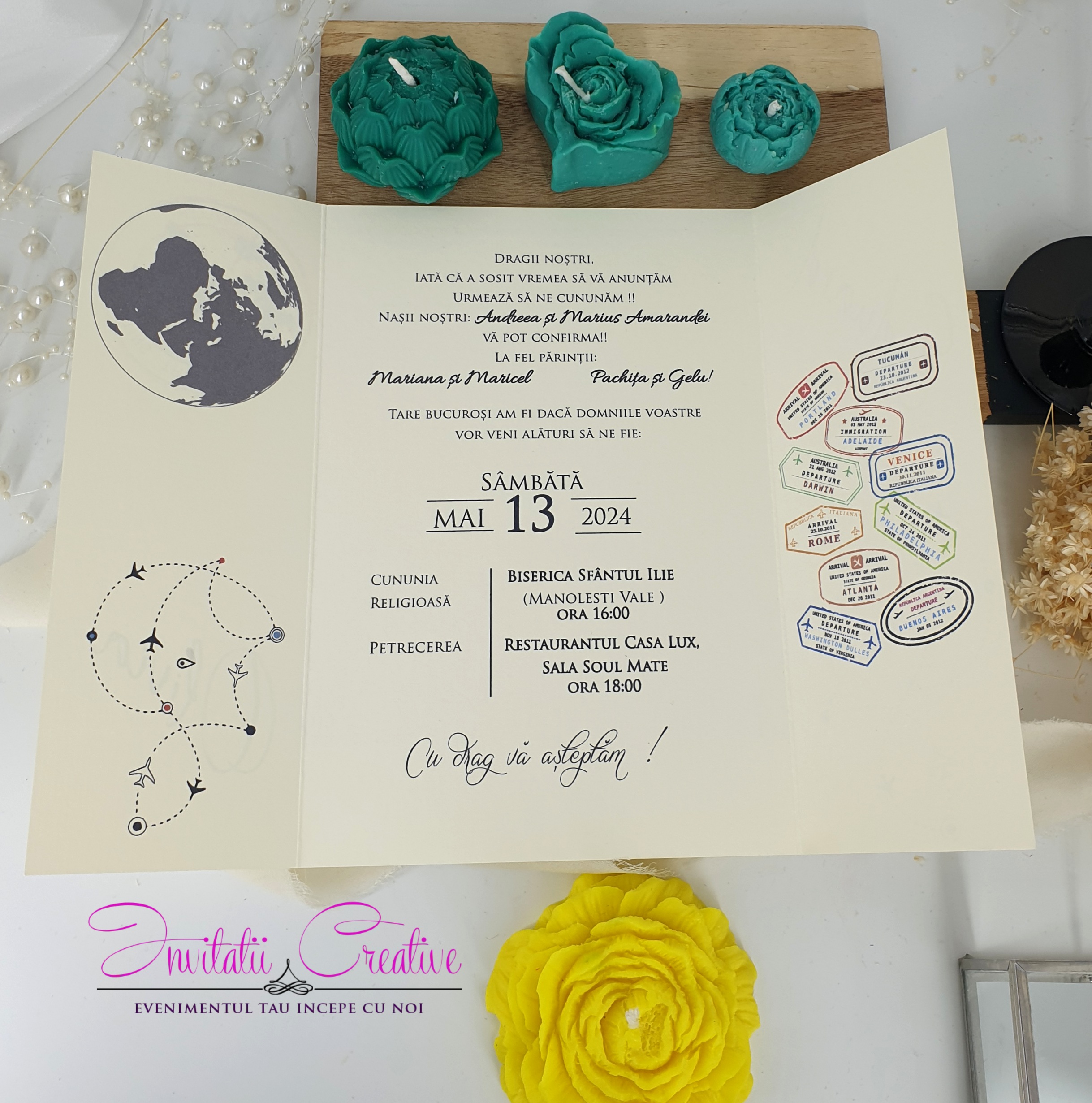 Invitatie Nunta Travel cu Sigiliu cu Design Rute Travel - imagine 2