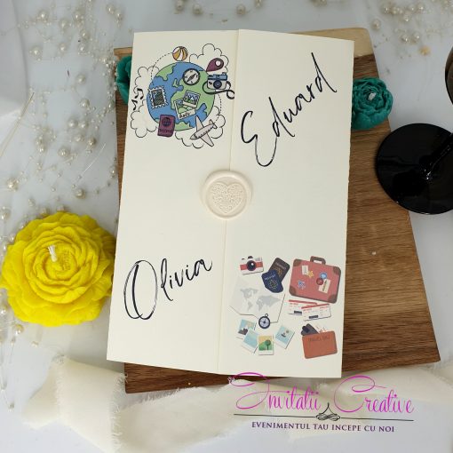 Invitatie Nunta Travel cu Sigiliu Obiecte Calatorie si Glob Pamantesc