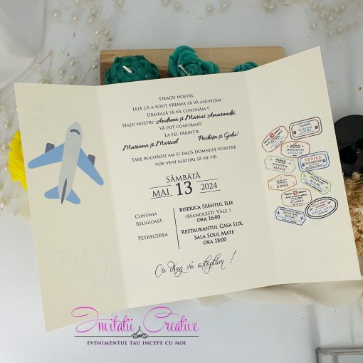 Alternative view of Invitatie Nunta Travel cu Sigiliu Obiecte Calatorie si Glob Pamantesc
