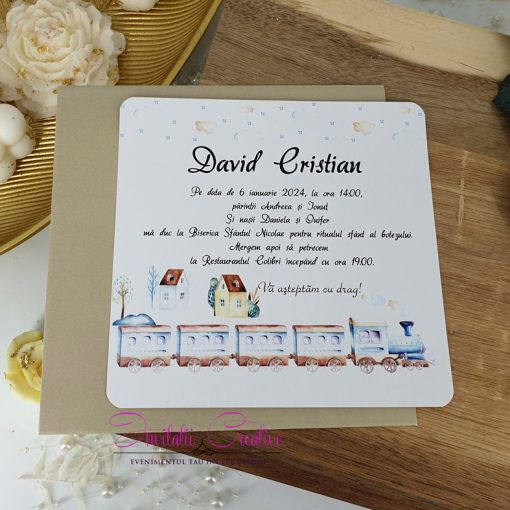 Invitatie de botez cu trenulet watercolor