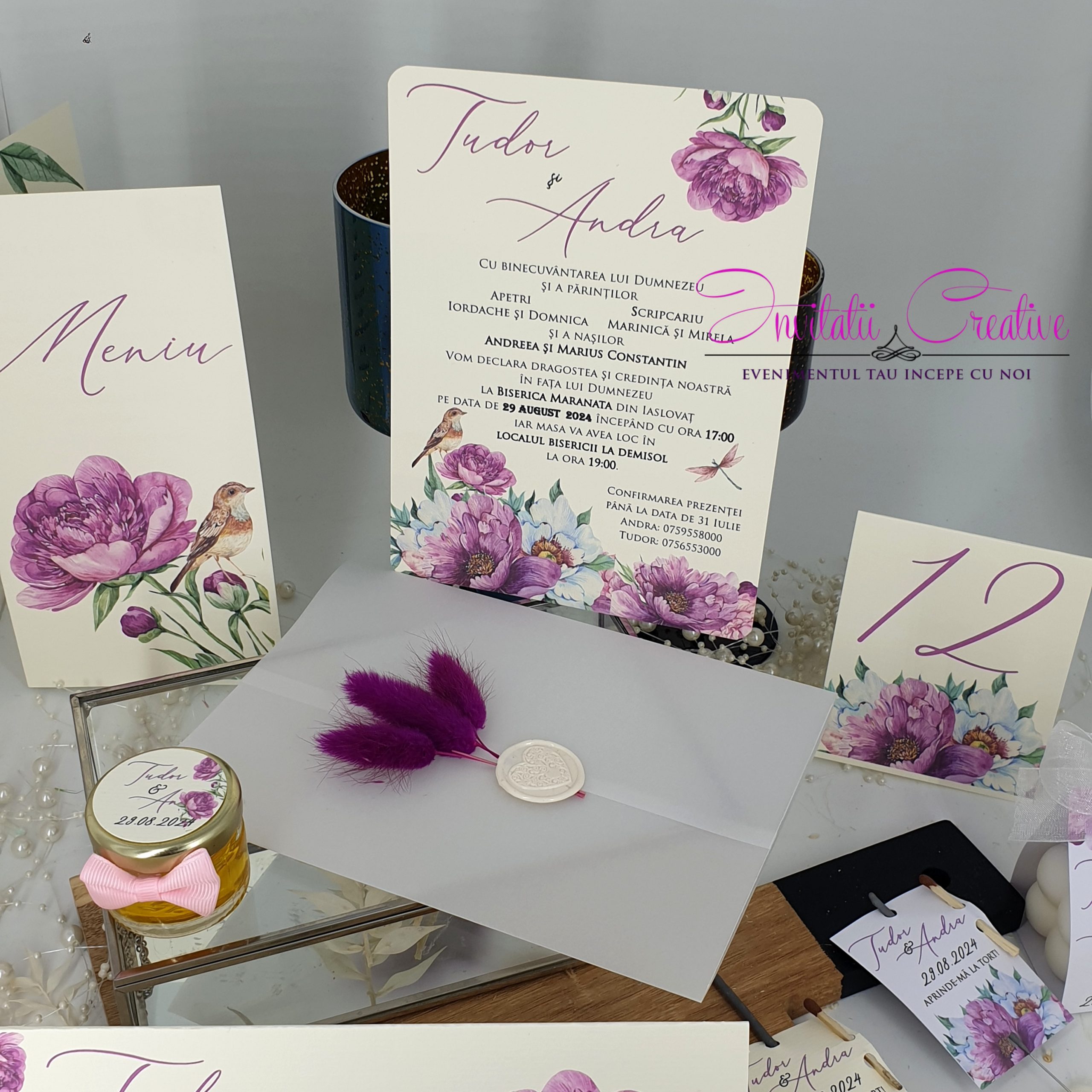 Invitatie Nunta Motiv Floral Bujori Calc Pufi si Sigiliu - imagine 3