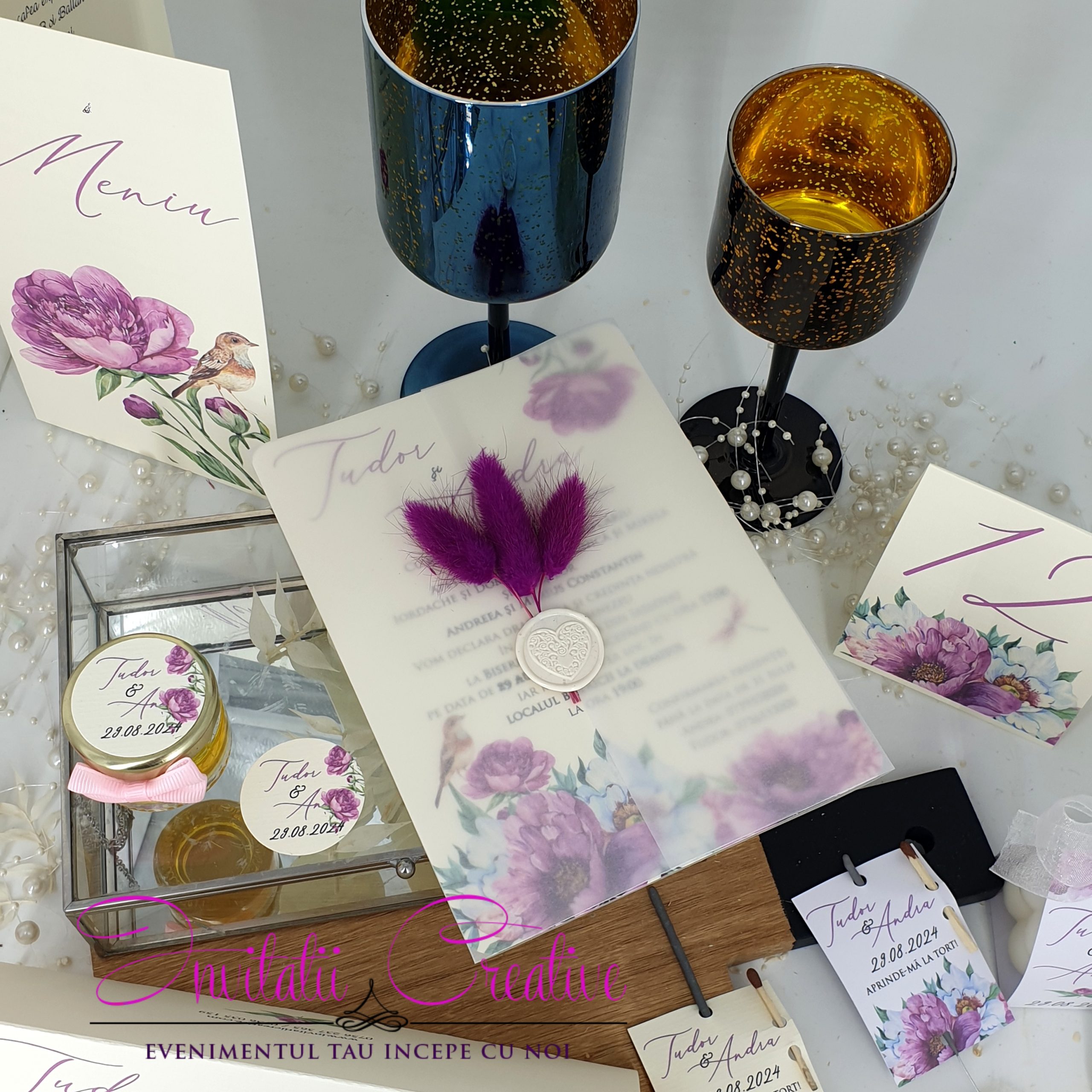 Invitatie Nunta Motiv Floral Bujori Calc Pufi si Sigiliu