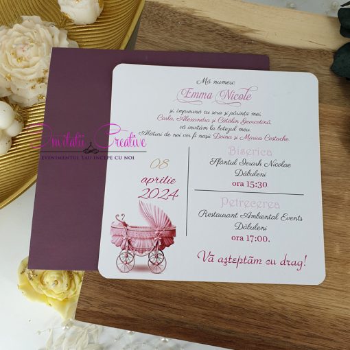 Invitatii de botez pentru fete carucior roz retro