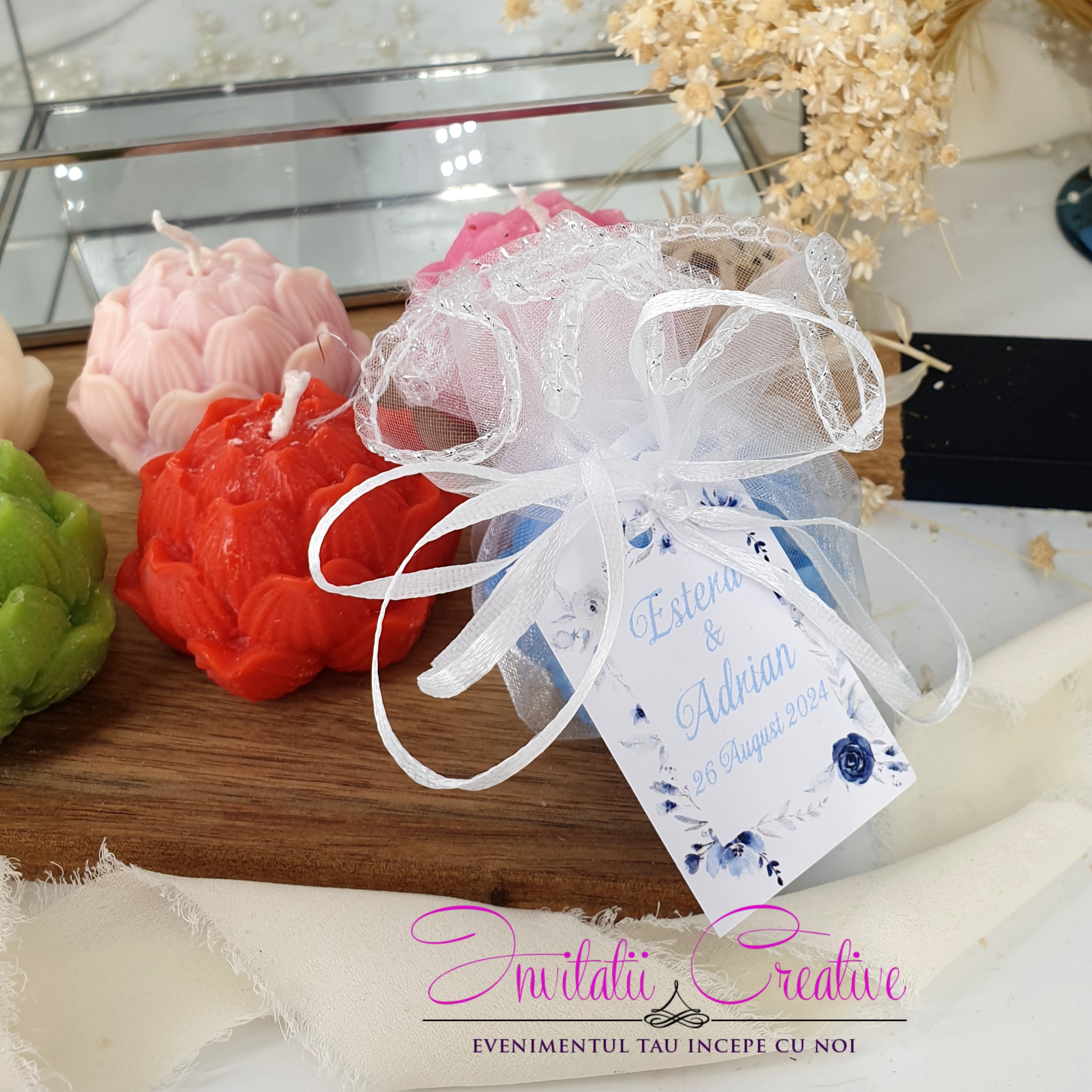 Marturie Lumanare Parfumata Ceara Soia Lotus in Saculet - imagine 3