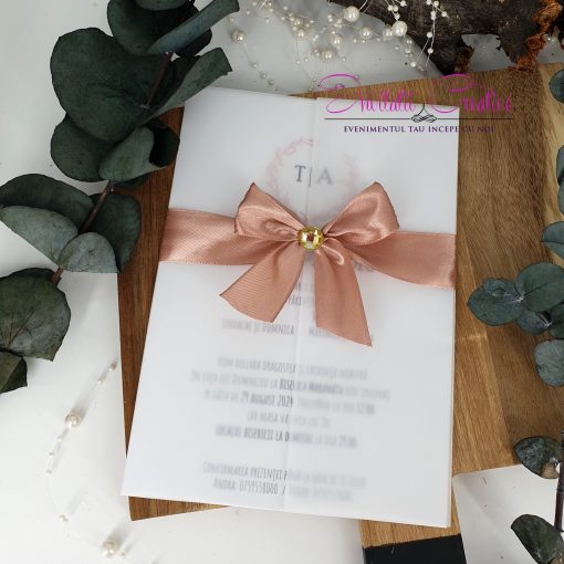 Invitatie Nunta Calc Eleganta cu Panglica Crem si Stras