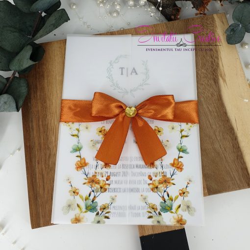 Invitatie Nunta Calc Model Floral Funda Cupru si Stras