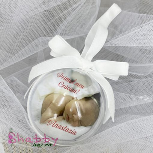 Glob personalizat Primul meu Craciun cu poza si catifea alba