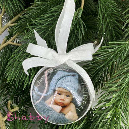 Glob personalizat Primul meu Craciun cu poza si catifea alba