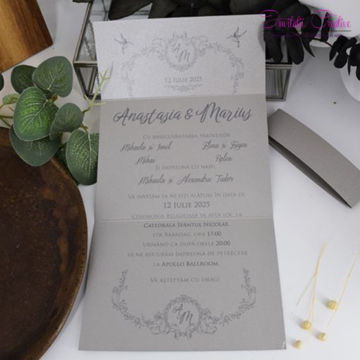 Invitatie de Nunta Argintie Ieftina cu Motiv Elegant Vintage