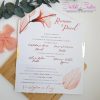 Invitatie de nunta cu flori delicate aramii si panglica de matase somon