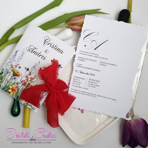 Invitatie de nunta cu frunze si flori de camp si panglica de matase
