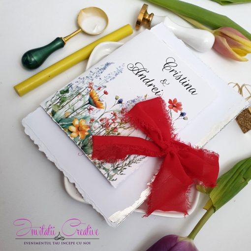 Alternative view of Invitatie de nunta cu frunze si flori de camp si panglica de matase