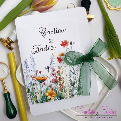 Invitatie de nunta cu frunze si flori de camp1