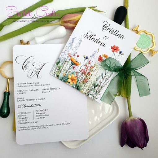 Alternative view of Invitatie de nunta cu frunze si flori de camp
