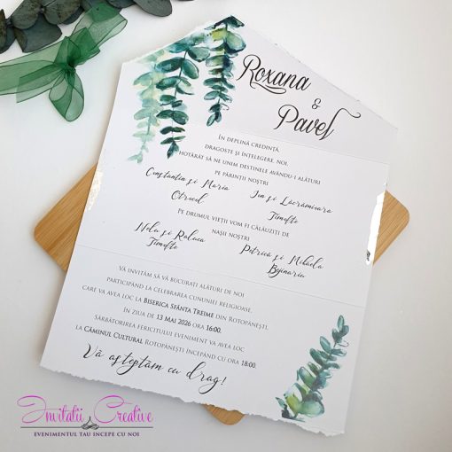 Invitatie de nunta cu frunze verde smarald si margini argintii2Invitatie de nunta cu frunze verde smarald si margini argintii2