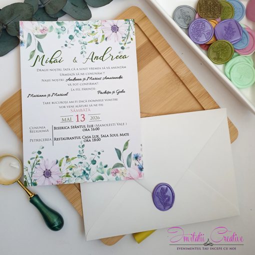 Invitatie de nunta cu margareta lila si frunze de eucalipt