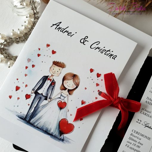 Invitatie de nunta cu miri haiosi si inimioare rosii