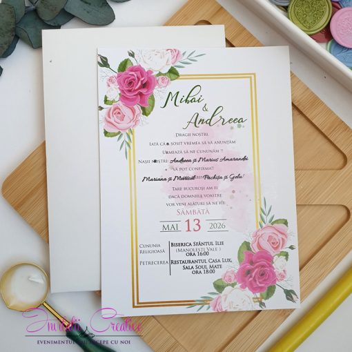 Invitatie de nunta cu trandafiri roz si sigiliu de ceara