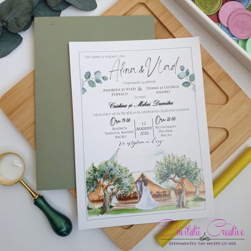 Invitatie de nunta olive cu miri in natura