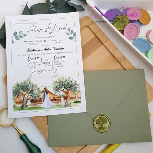 Invitatie de nunta olive cu miri in natura2