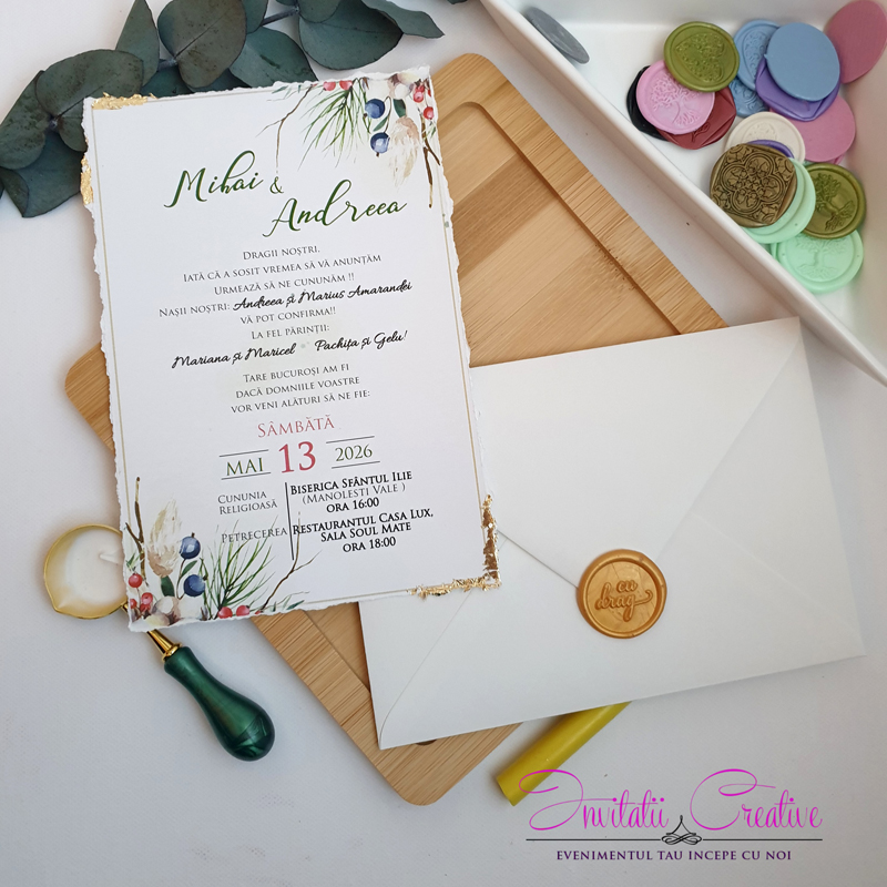 Invitatie de nunta simpla cu detalii aurii si margini rupte Invitatie de nunta simpla cu detalii aurii si margini rupte